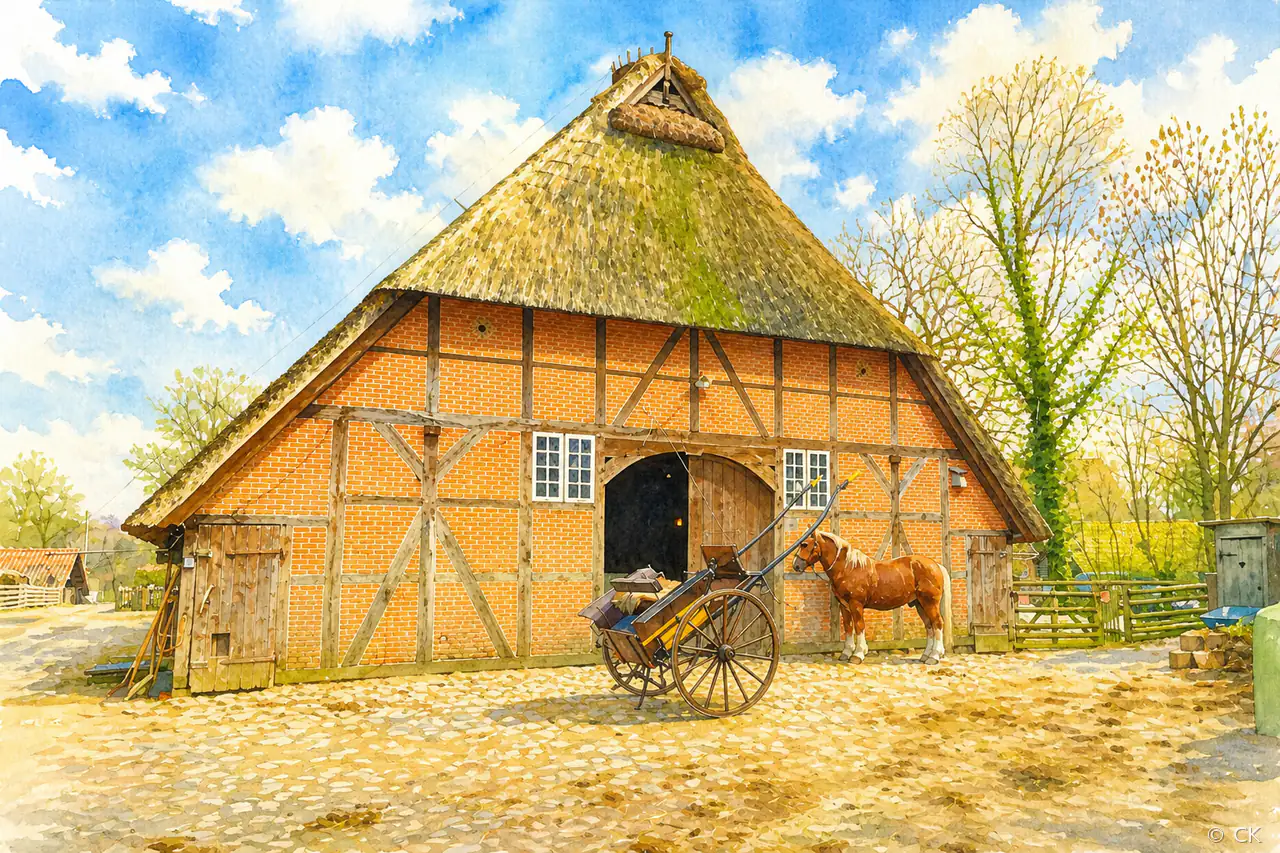 Aquarell: Blick über das Museumsdorf Volksdorf